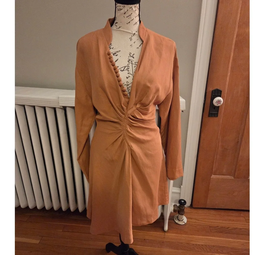 Sandro Amaria Cross-Over Neckline Dress, Camel, Caramel, Fall, Sz FR 36/US S - Picture 3 of 15